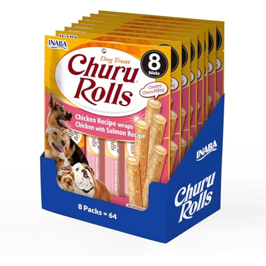 Churu Rolls by INABA Dog Treat - Chicken & Salmon Flavour 8 Pack (64 x 12g total) / Crispy Sticks with Creamy Filling Dog Treat, Delicious & Healthy Snack, Hand Feeding, Training, Natural, Grain Free