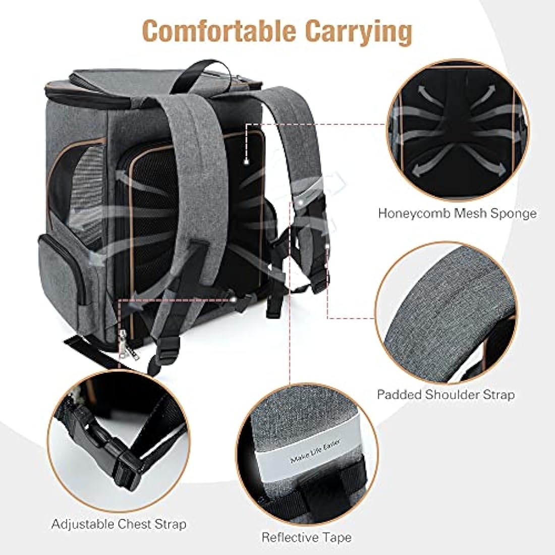 Lekesky Expandable Cat Carrier Backpack - Portable Breathable Rucksack for Medium and Small Cats & Dogs, Foldable with Inner Escape-proof Leash and Pet Mat, Supports 25 lbs (Grey)