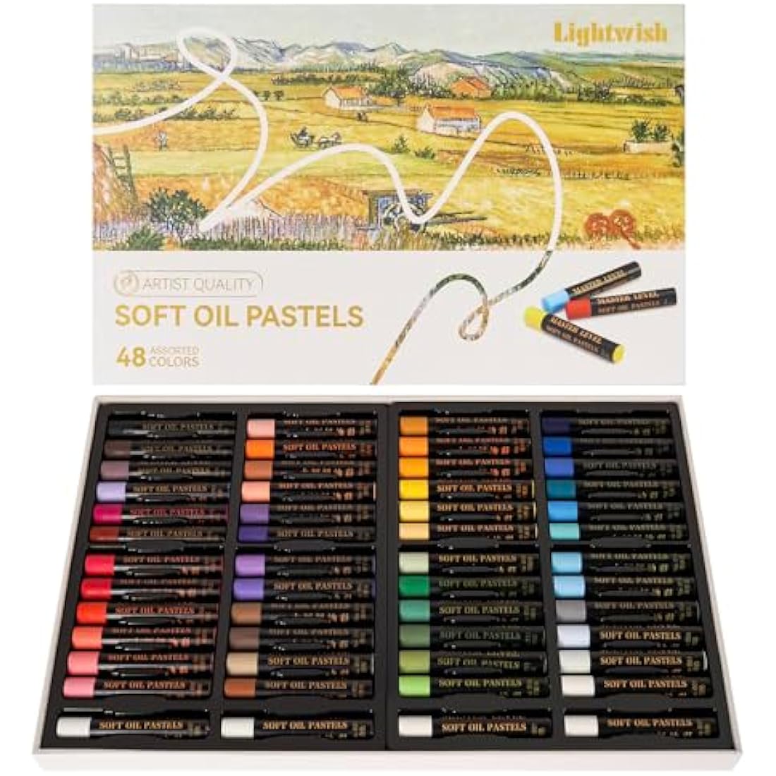LIGHTWISH Professional Oil Pastels, 48 Vibrant Colors Plus 4 White, Set of 52, Creamy and Pigmented Artist Soft Oil Pastels for Blending, Layering & Shading