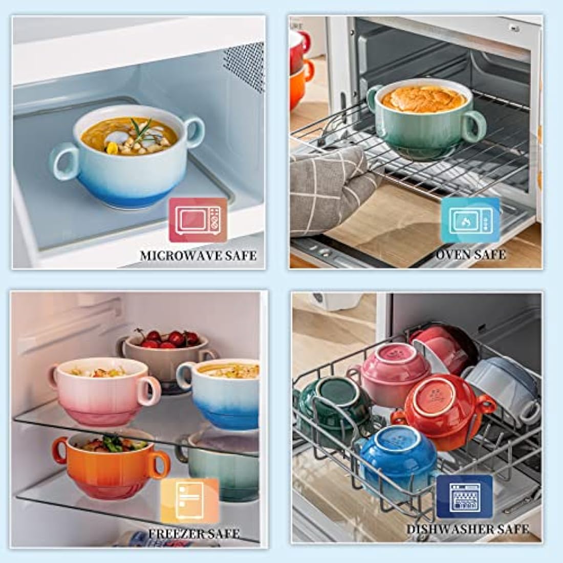 LOVECASA Soup Bowls with Handles 380ml 13 oz, Ceramic French Onion Soup Bowl crocks Oven & Microwave Dishwasher Safe, Porcelain Stackable Handled Bowls Set of 6