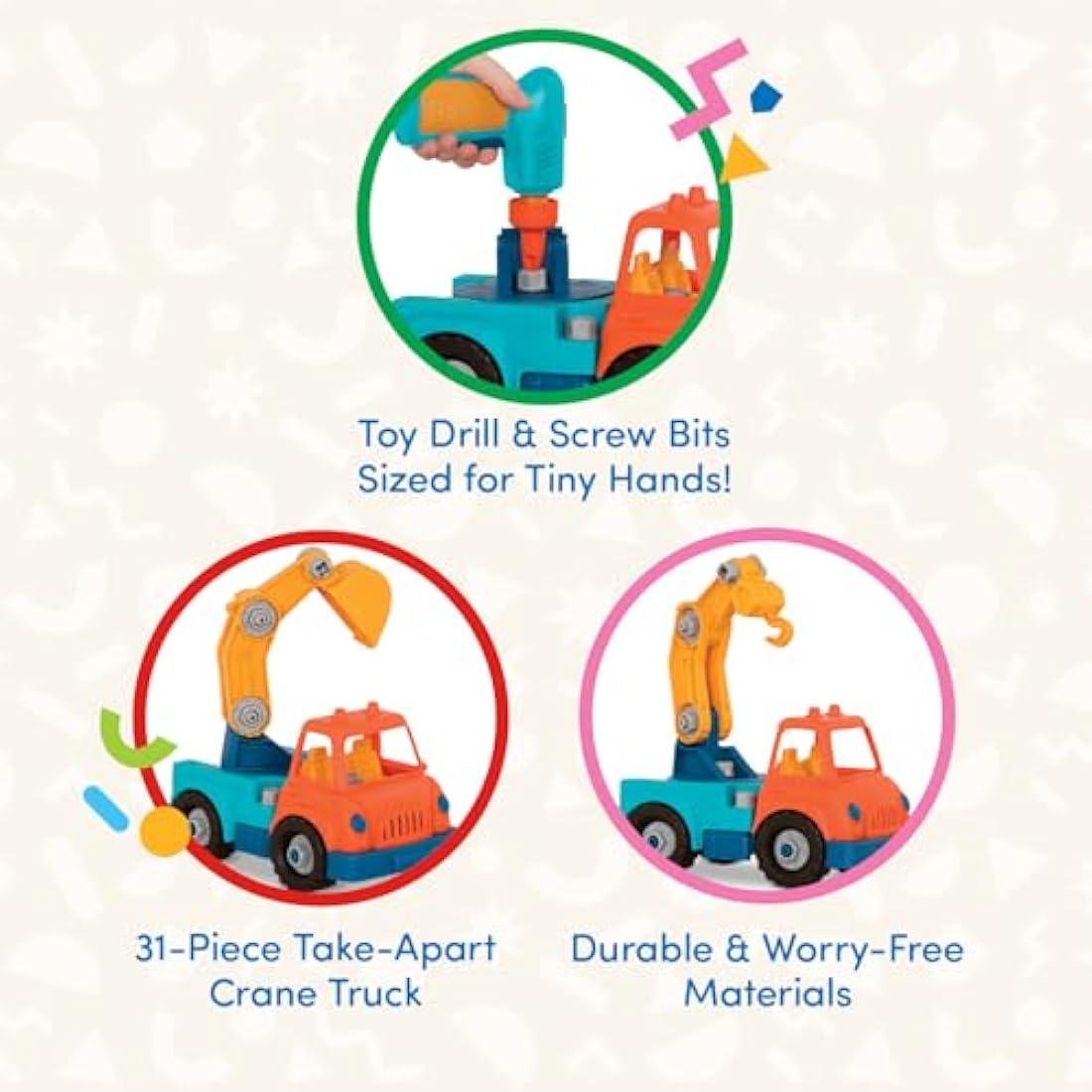 Wonder Wheels by Battat – Take-Apart Crane Truck – Toy Crane Truck with Drill for Kids Aged 3 Years & Up (31Pc), Medium