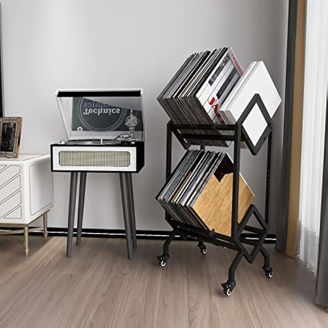 VEDECASA DJ Vinyl Record Storage Holder Rack LP Storage Display Stand with Casters Easy to Move Mobile Book Albums Storages Magazine Holder Office Files Organizer Shelf
