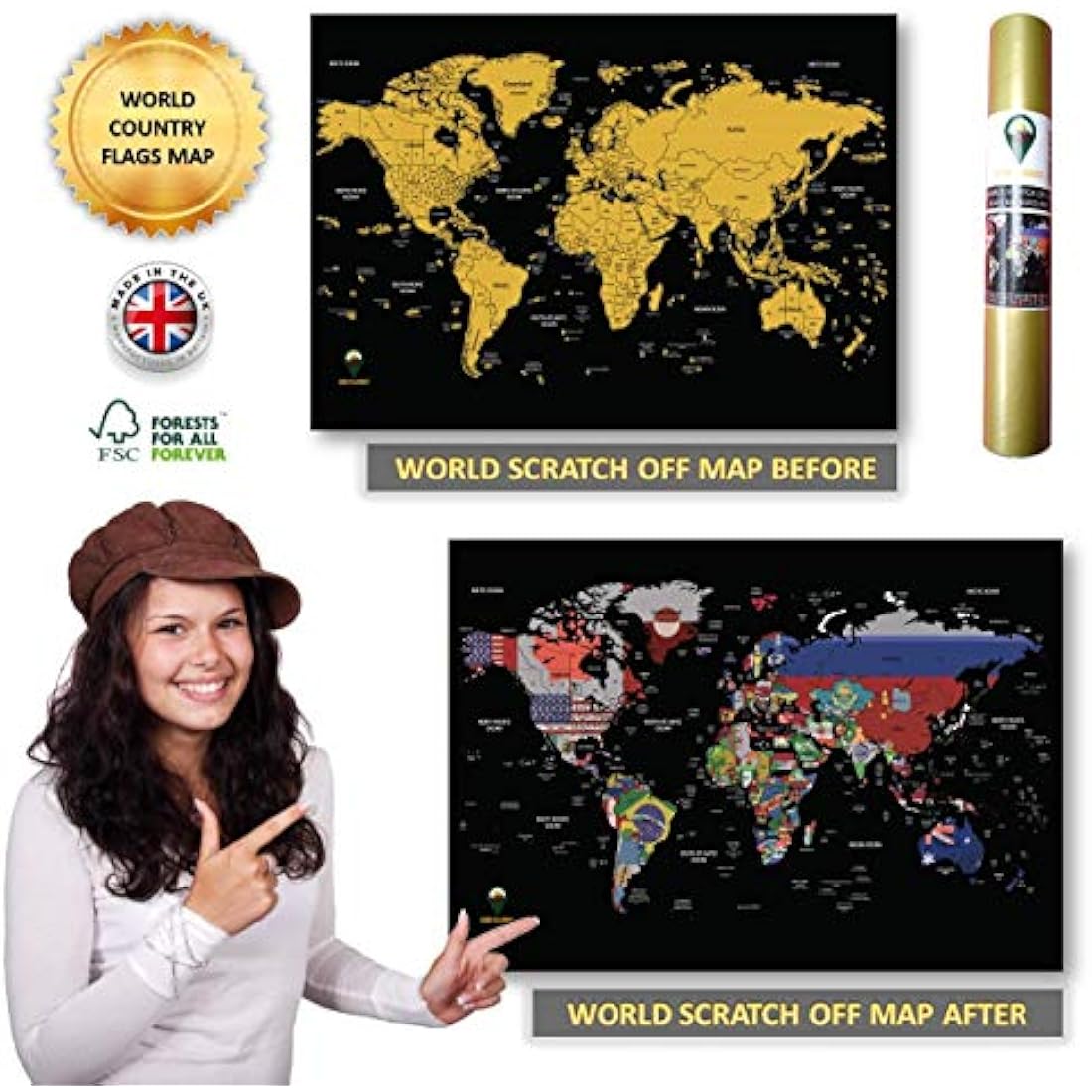 Scratch Off Map with Flags background – Deluxe Travel Size World Map Poster – Countries and Facts – Travel Gift - GLOBAL WALKABOUT (Black)