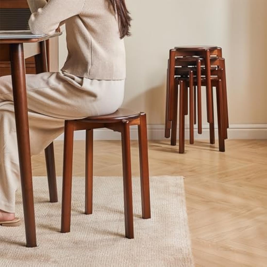 YMYNY 4pcs Solid Wood Round Stool, Shoes change Stool, Dressing Stool, Small stool, Stackable Stools for Living Room, Dining Room, Kitchen, Classroom, 27×27×45CM Brown HBD026H-4