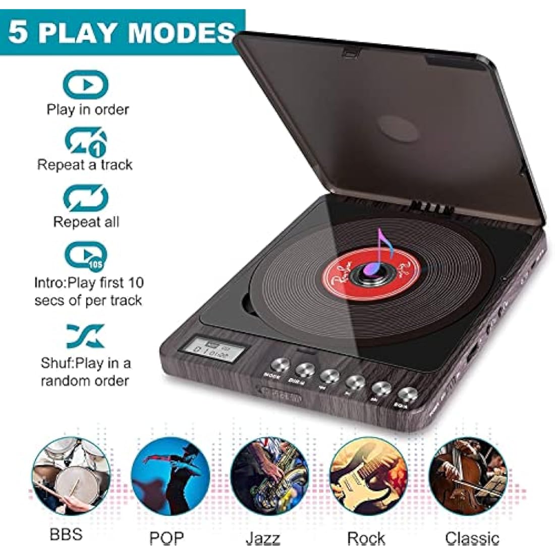 MONODEAL CD Player Portable with Built-in Speakers, Personal Rechargeable CD Player with Double 3.5mm Headphone Jack,Anti-Skip/Shockproof Function with LCD Display for Home, Car and Travel