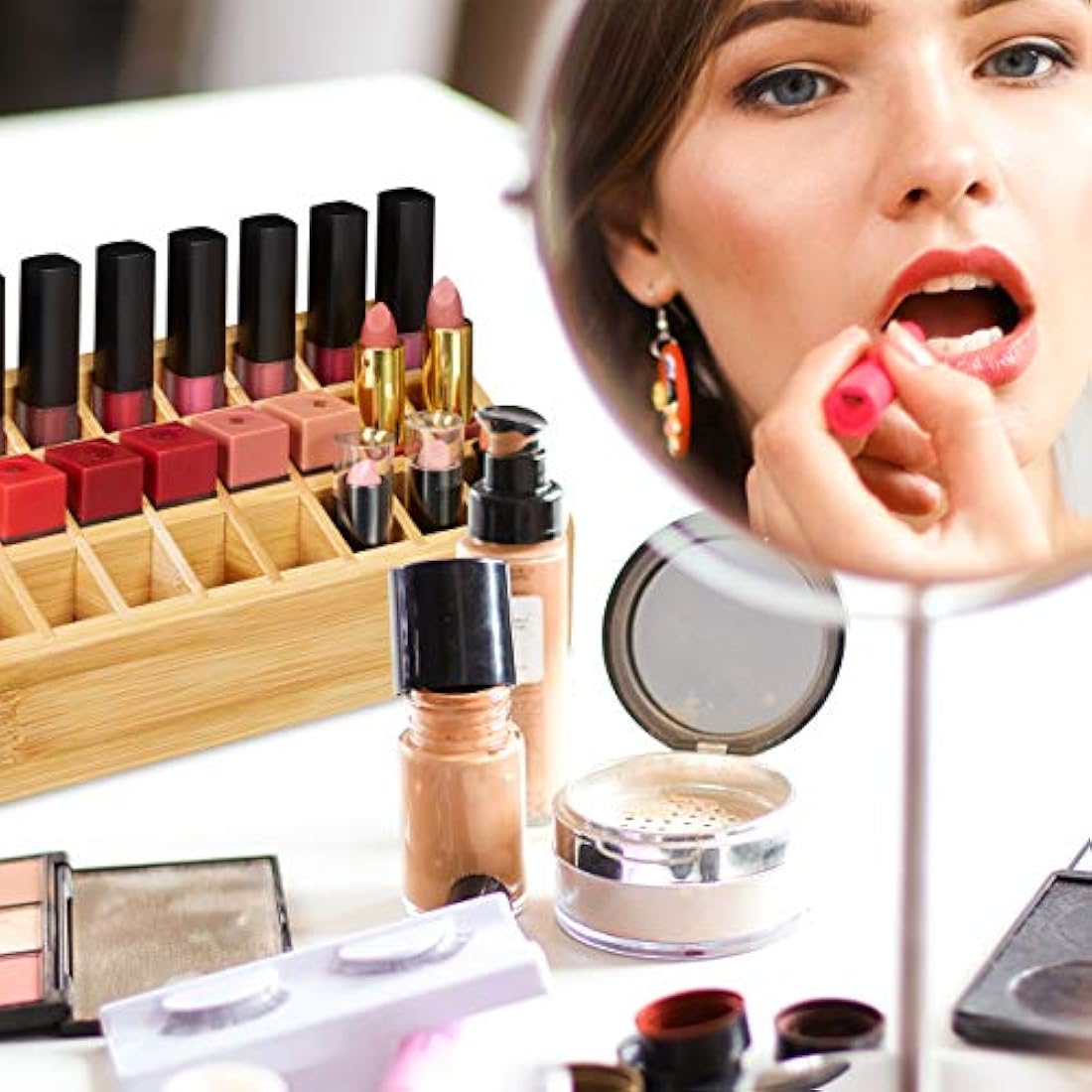 Relaxdays Bamboo Lipstick Organiser, 24 Holders, Natural Look, Rack For Lipsticks & Brush, HWD 10x23x9 cm, Natural