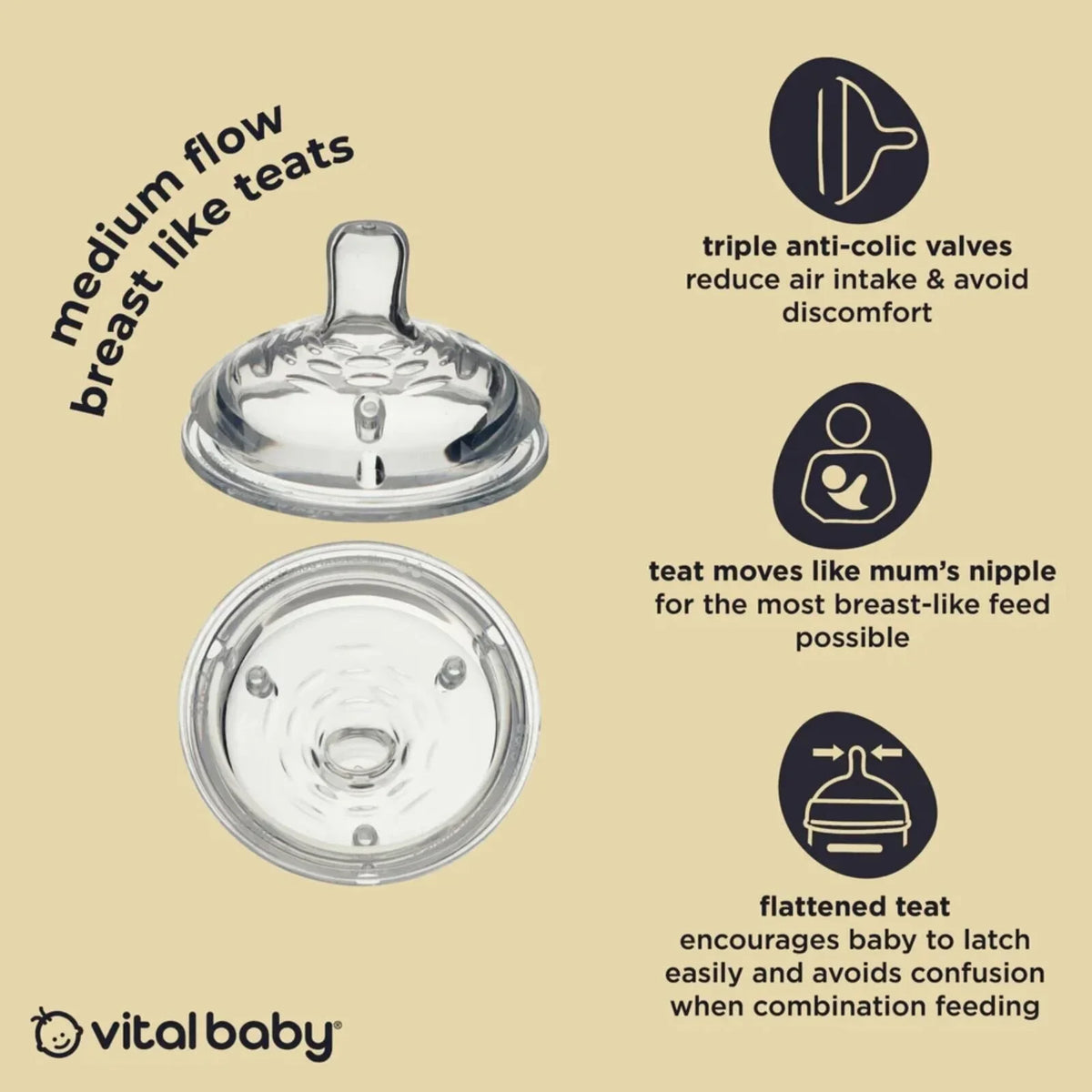 Vital Baby Nurture Breast Like Teats Medium Flow 3+ months Pack of 2