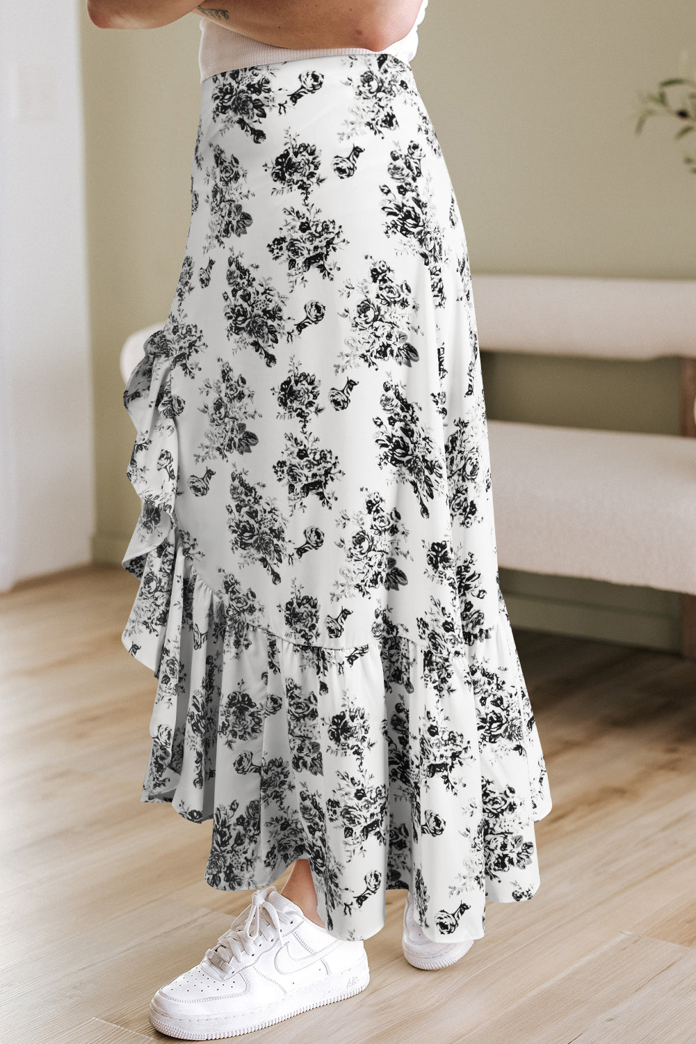 Sky Blue Boho Floral High Waist Ruffle Split Maxi Skirt