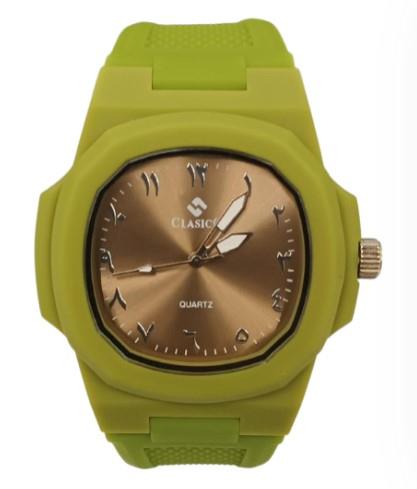 Clasico Mens Ladies Water Resistant Arabic Square Dial Olive Green Rubber Strap Watch
