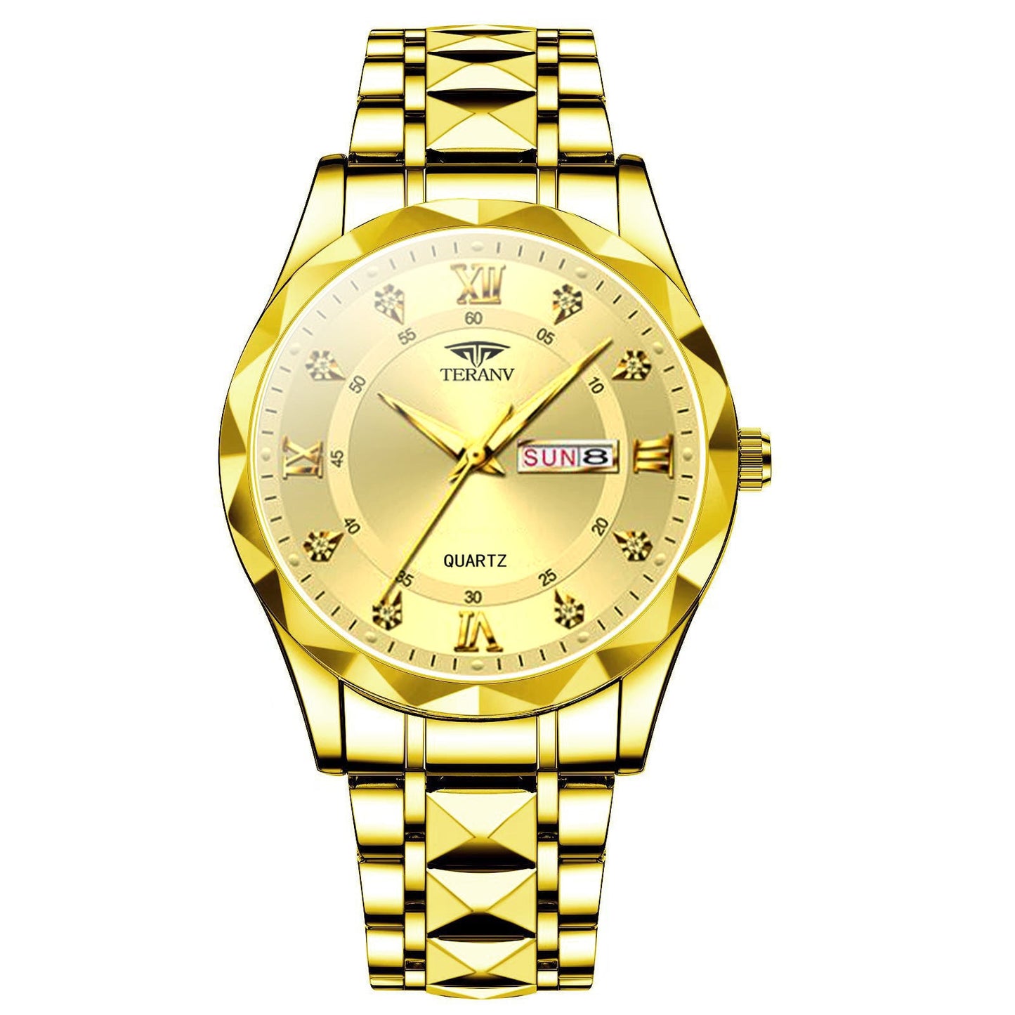 Men's Diamond Shell Calendar Watch - Stainless Steel Luxury Timepiece