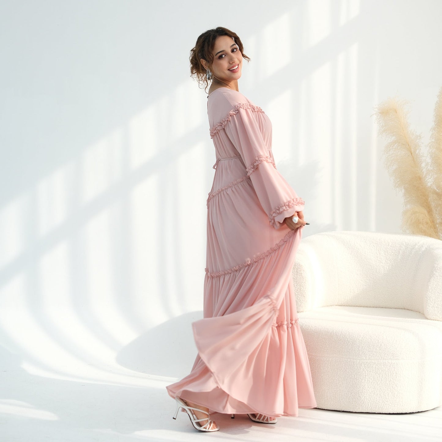 Lace-Trimmed Tiered Modest Dress - Long Sleeve A-Line Maxi