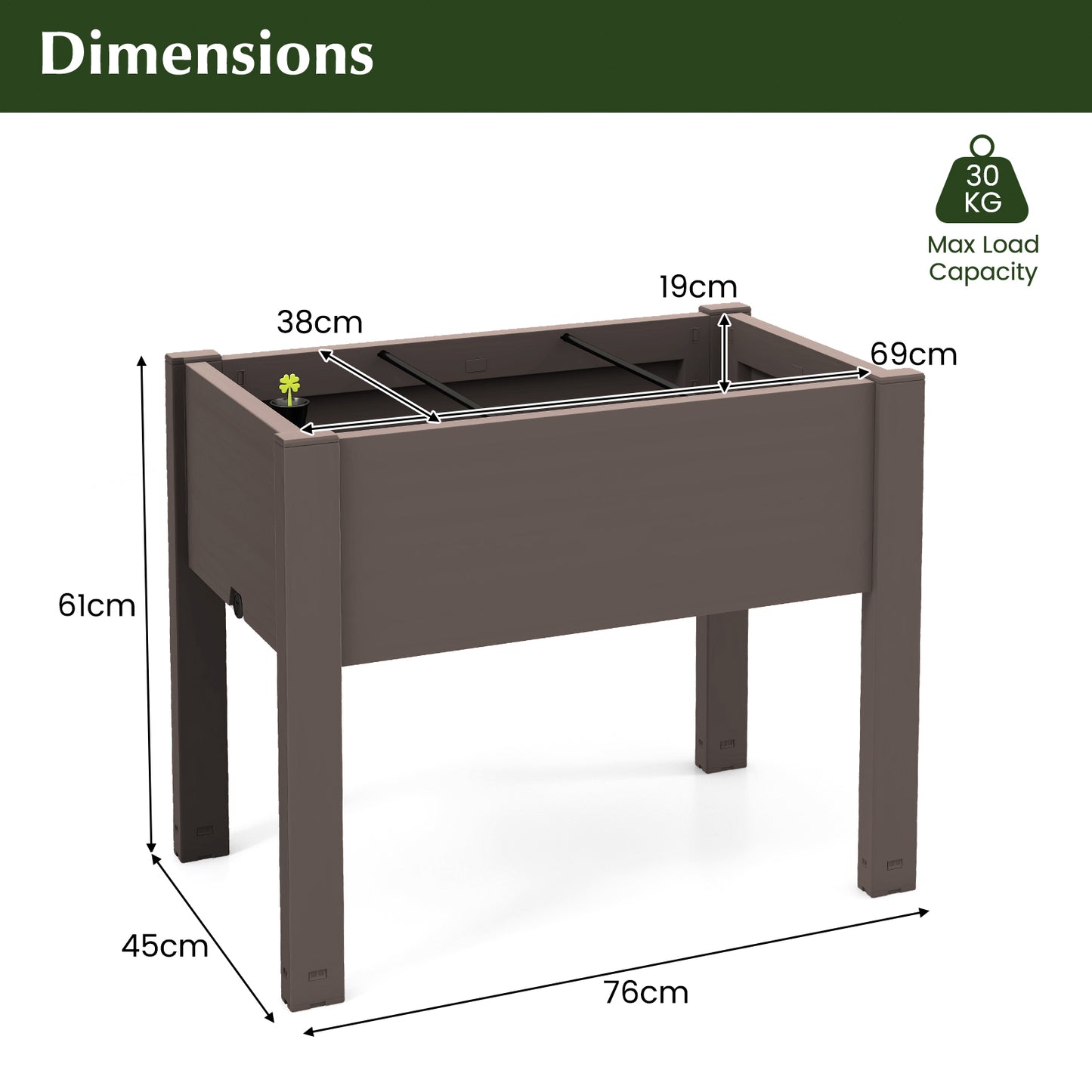 53L Raised Bed Grow Box with Water Level Monitor and Drainage Hole-White