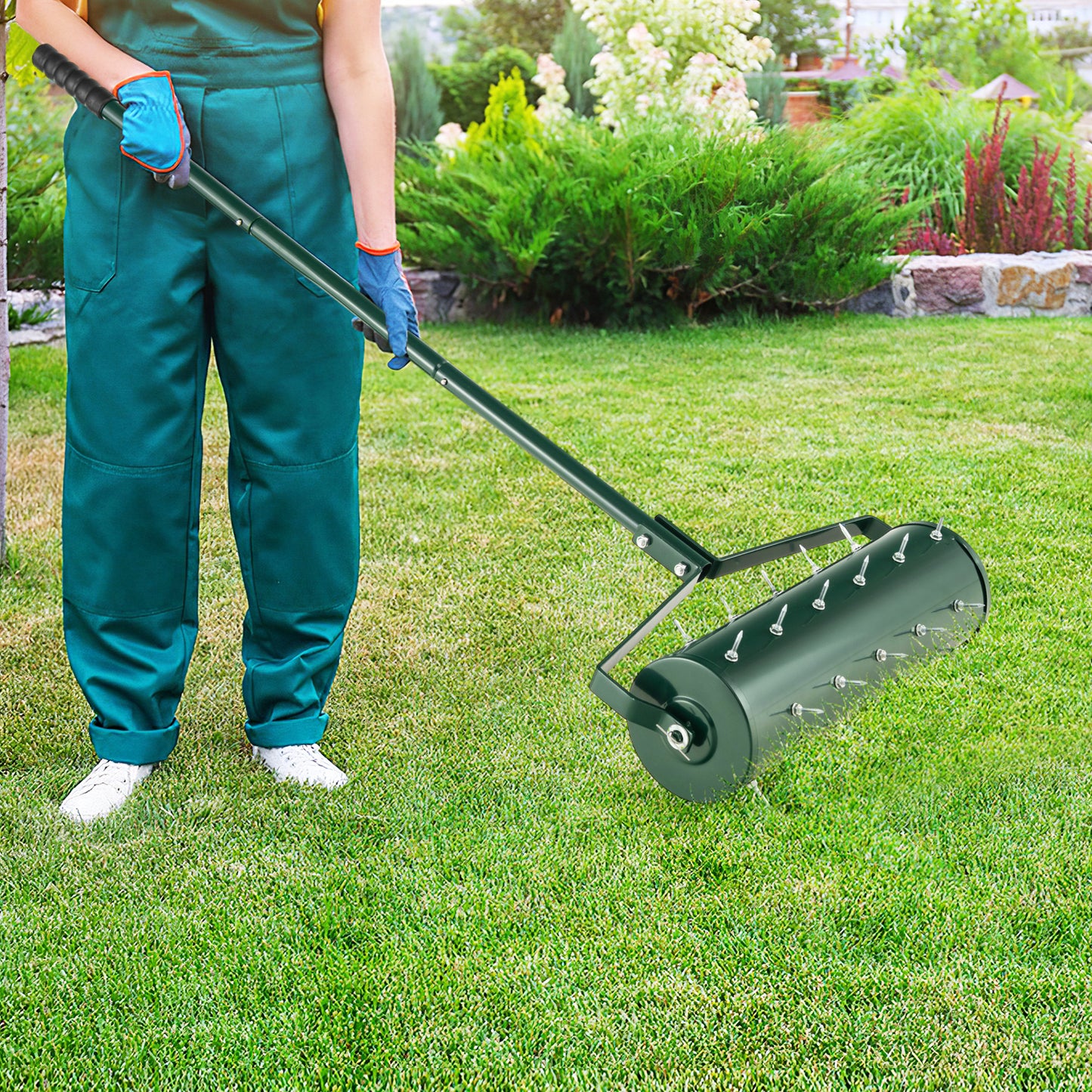 53cm Manual Lawn Aerator with 130cm Detachable Handle and Tine Spikes for Soil Loosening-Black