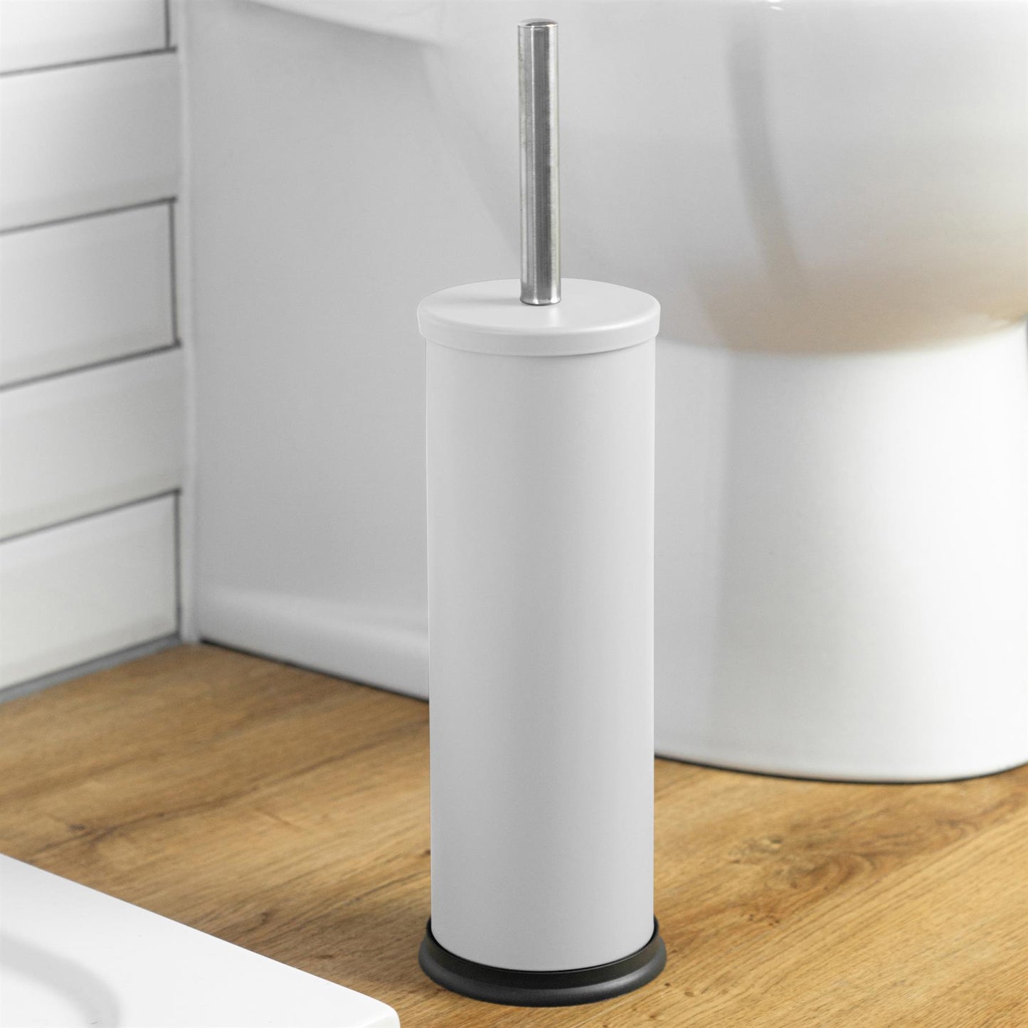 Matt White Round Stainless Steel Toilet Brush & Holder