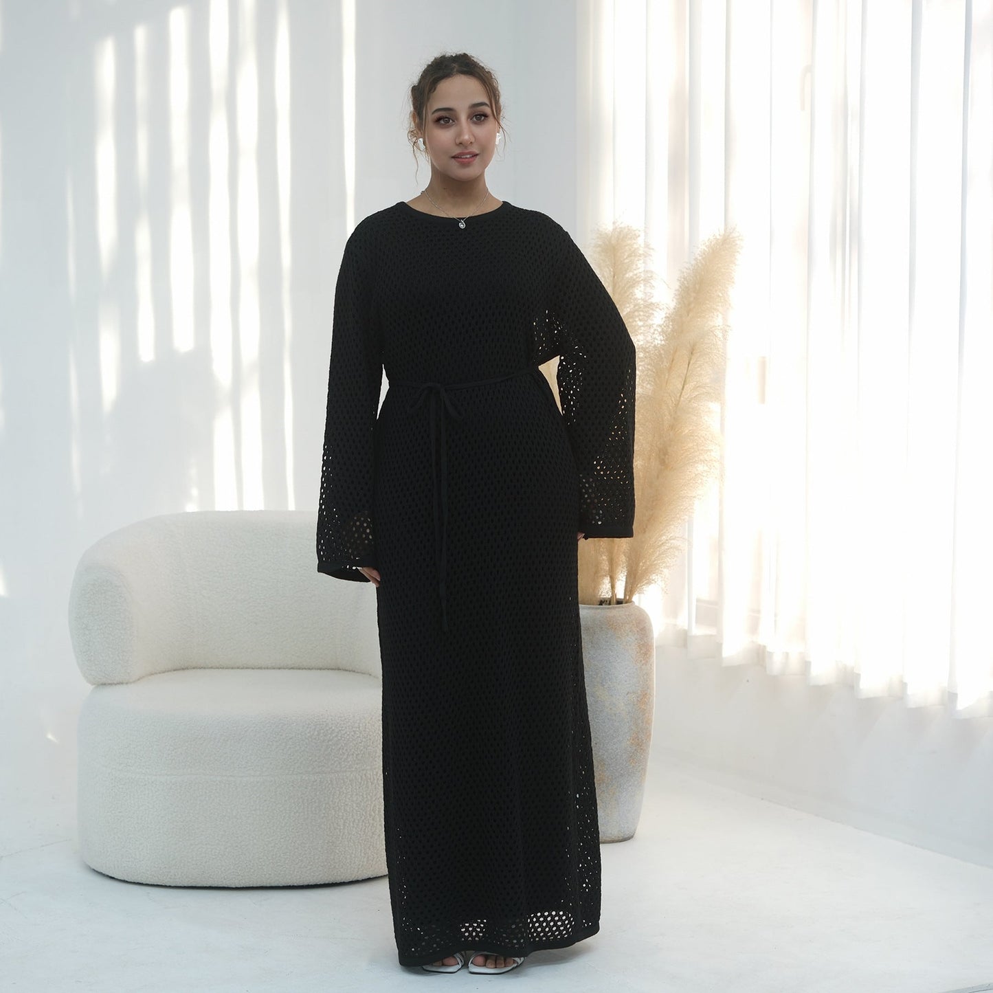 Elegant Hollow-Out Knit Dress - Modest A-Line Long Sleeve