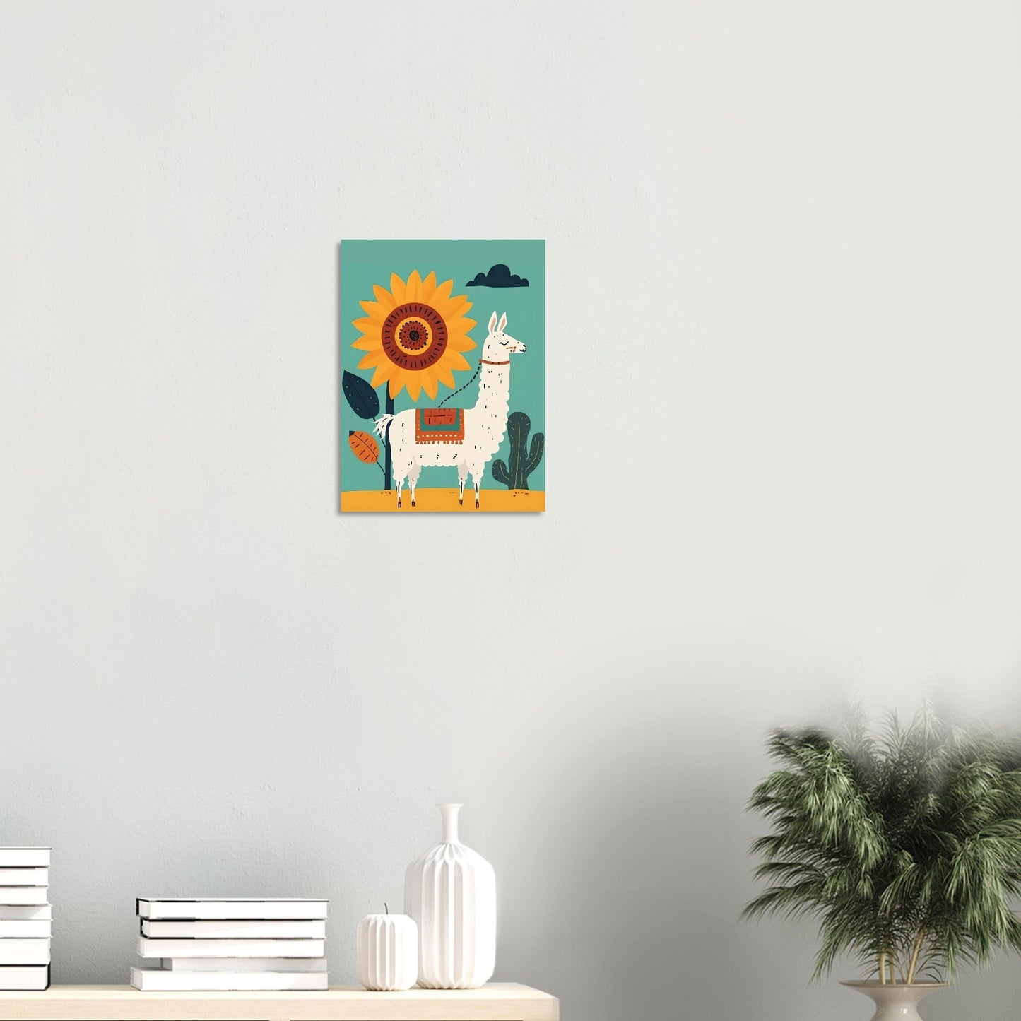 Whimsical Llama Folk Art Poster - Boho Wall Decor - Modern Mid-Century Colors