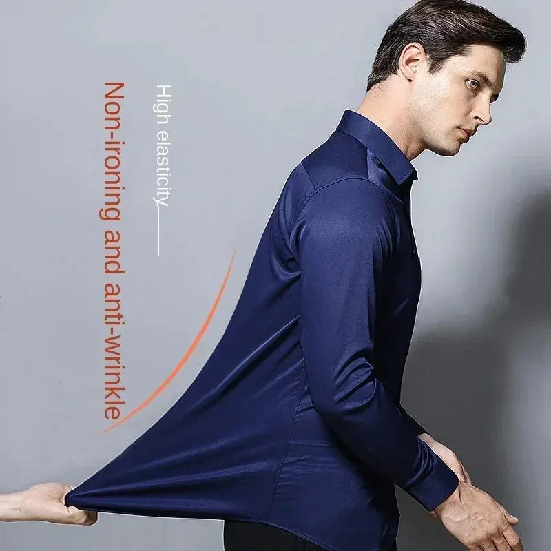 Men's long-sleeved, non-iron, elastic dress shirt for professional work attire. Stand-up collar (55-105kg)