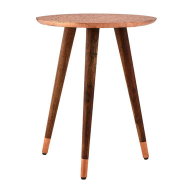 Boho Acacia Wood Side Table with Copper Finish Carved Top