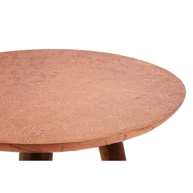 Boho Acacia Wood Side Table with Copper Finish Carved Top