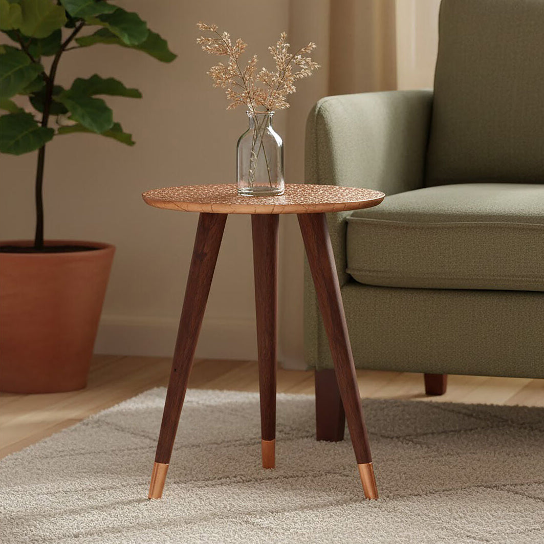 Boho Copper Finish Carved Metal Top Side Table
