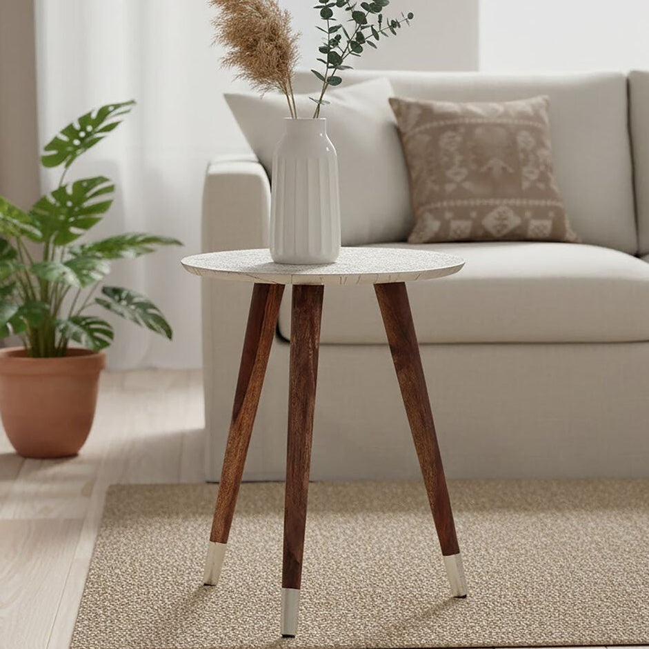 Boho White Finish Carved Metal Top Side Table