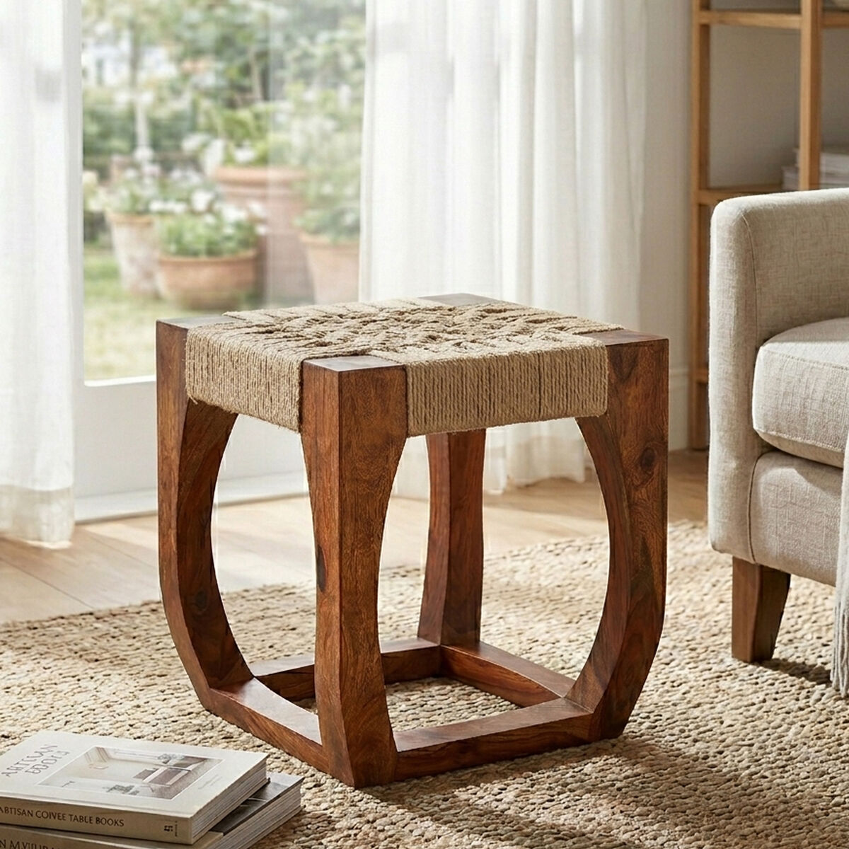 Boho Natural Acacia Wood and Jute Square Stool