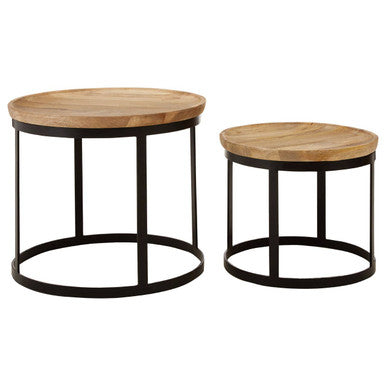 Set of 2 Natural Mango Wood Top Nesting Tables with Black Open Cage Metal Frame, Boho