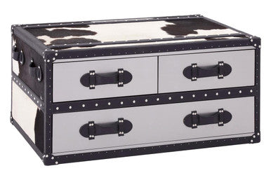 Black and White Cowhide Coffee Table with 3 Drawers and Leather Trim, Kensington Townhouse