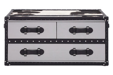 Black and White Cowhide Coffee Table with 3 Drawers and Leather Trim, Kensington Townhouse