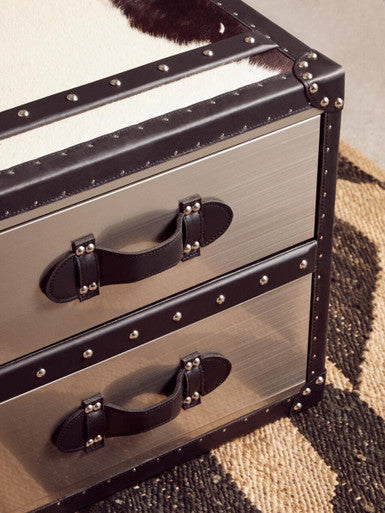 Black and White Cowhide Coffee Table with 3 Drawers and Leather Trim, Kensington Townhouse