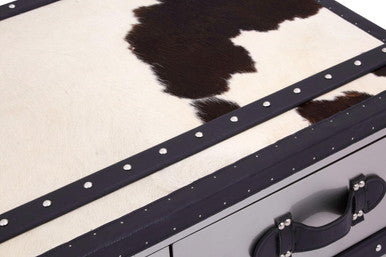 Black and White Cowhide Coffee Table with 3 Drawers and Leather Trim, Kensington Townhouse