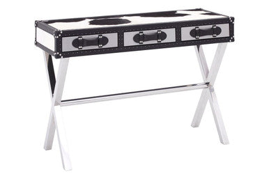 Black and White Cowhide Console Table with 3 Drawers and Leather Trim, Kensington Townhouse