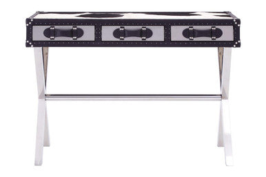 Black and White Cowhide Console Table with 3 Drawers and Leather Trim, Kensington Townhouse
