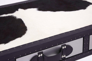 Black and White Cowhide Console Table with 3 Drawers and Leather Trim, Kensington Townhouse