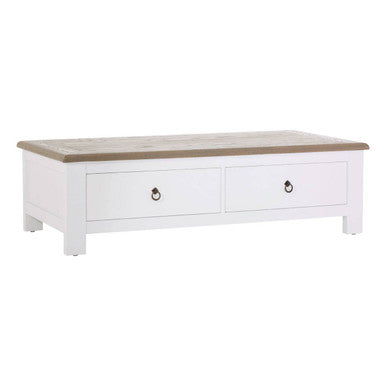White Wooden Coffee Table with Natural Oak Top and 2 Storage Drawers, Hampstead