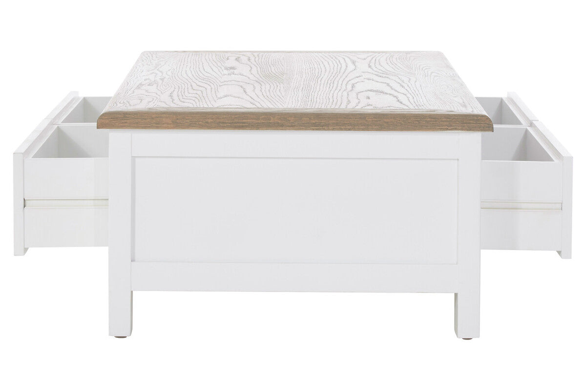 White Wooden Coffee Table with Natural Oak Top and 2 Storage Drawers, Hampstead