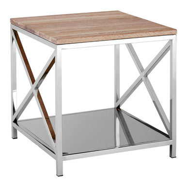 Natural Oak Wood Side Table with Polished Stainless Steel Lattice Frame, Chiswick