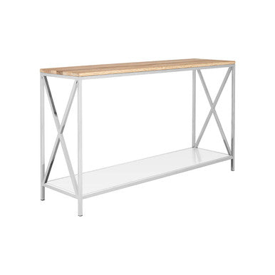 Natural Oak Wood Console Table with Lower Mirrored Shelf and Polished Stainless Steel Frame , Chiswick