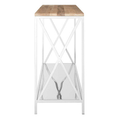 Natural Oak Wood Console Table with Lower Mirrored Shelf and Polished Stainless Steel Frame , Chiswick
