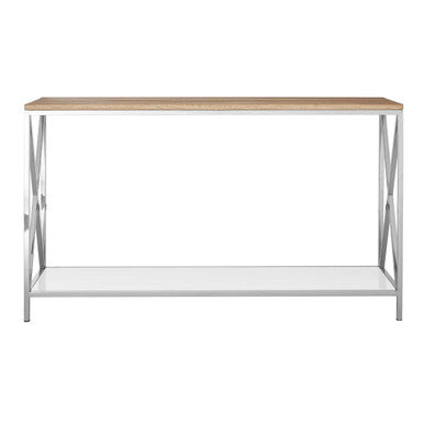 Natural Oak Wood Console Table with Lower Mirrored Shelf and Polished Stainless Steel Frame , Chiswick