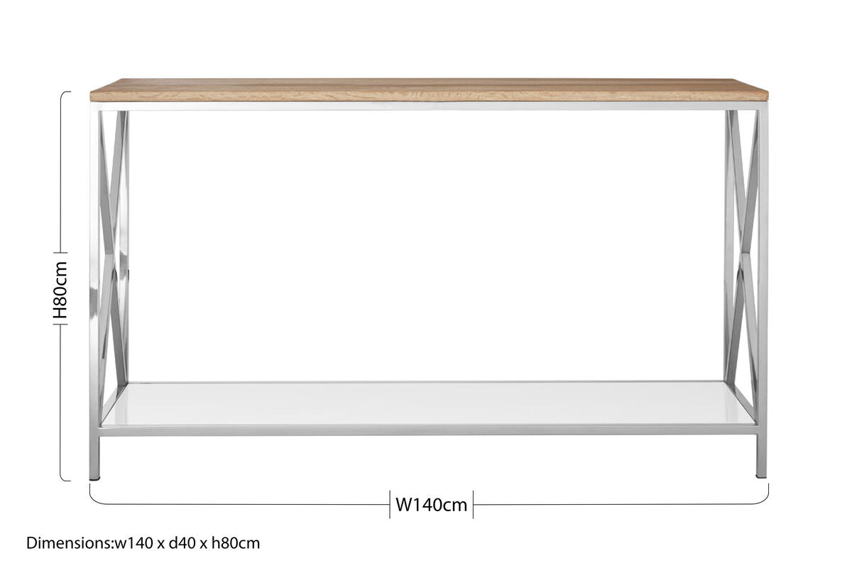 Natural Oak Wood Console Table with Lower Mirrored Shelf and Polished Stainless Steel Frame , Chiswick