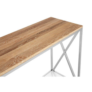 Natural Oak Wood Console Table with Lower Mirrored Shelf and Polished Stainless Steel Frame , Chiswick