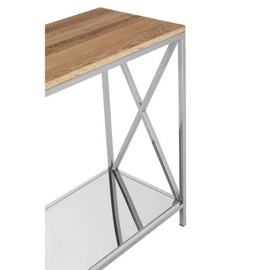 Natural Oak Wood Console Table with Lower Mirrored Shelf and Polished Stainless Steel Frame , Chiswick