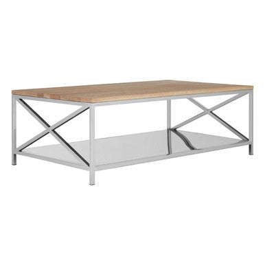 Natural Oak Wood Coffee Table with Lower Mirrored Shelf and Polished Stainless Steel Frame , Chiswick