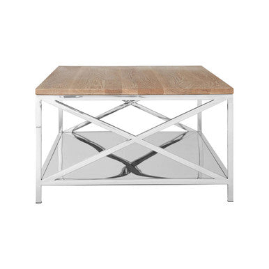 Natural Oak Wood Coffee Table with Lower Mirrored Shelf and Polished Stainless Steel Frame , Chiswick