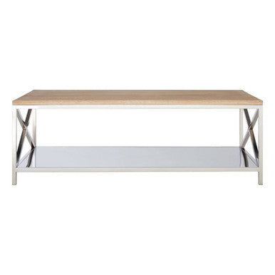 Natural Oak Wood Coffee Table with Lower Mirrored Shelf and Polished Stainless Steel Frame , Chiswick