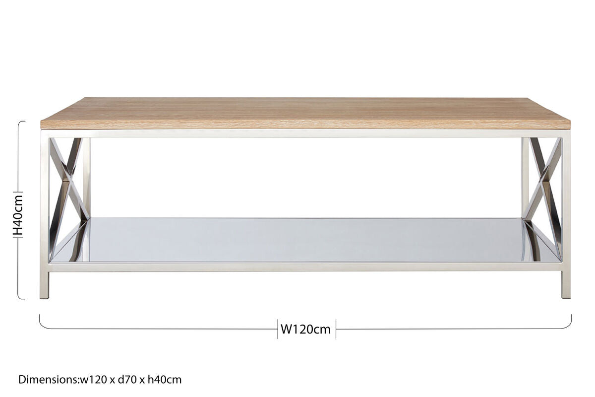 Natural Oak Wood Coffee Table with Lower Mirrored Shelf and Polished Stainless Steel Frame , Chiswick