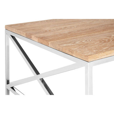 Natural Oak Wood Coffee Table with Lower Mirrored Shelf and Polished Stainless Steel Frame , Chiswick