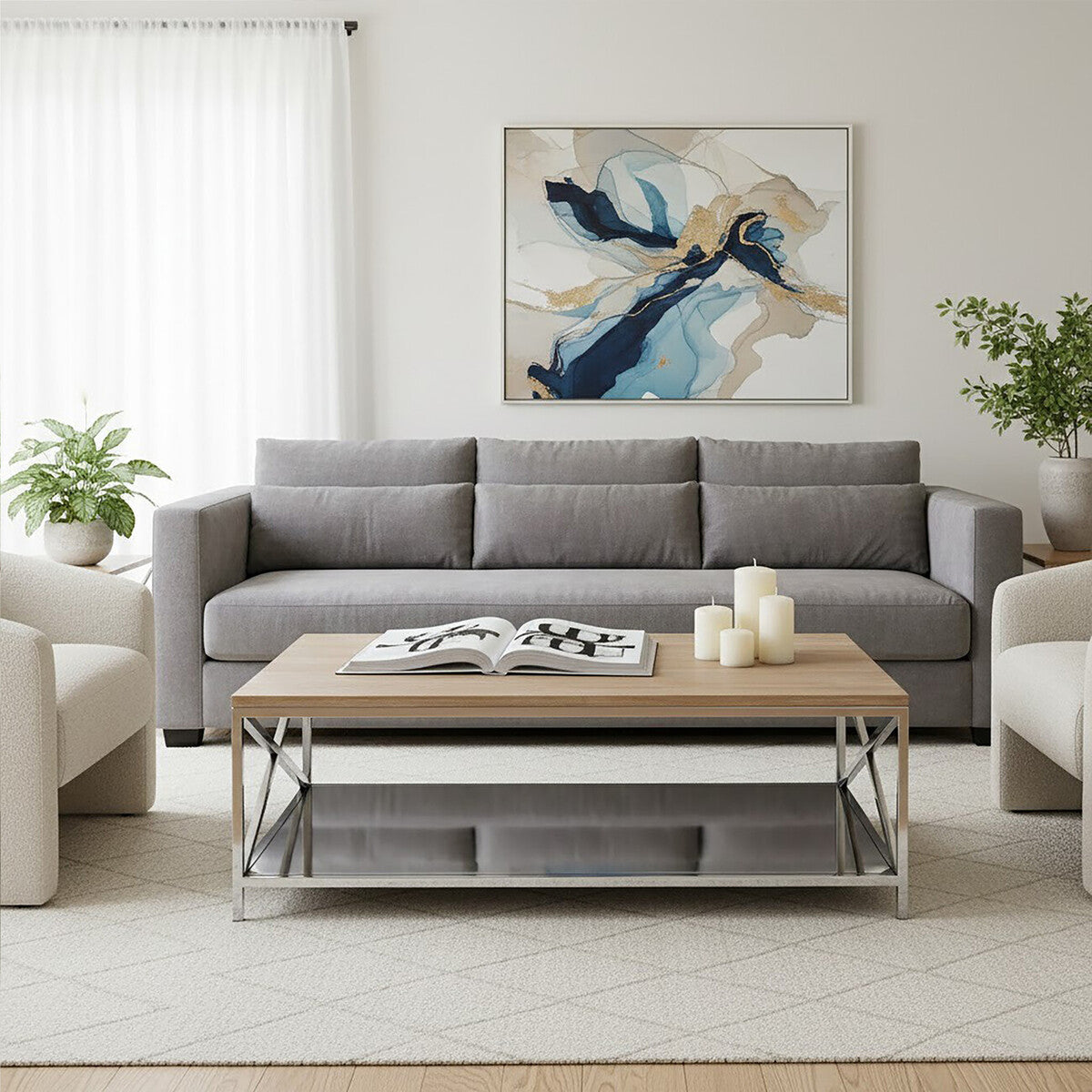 Natural Oak Wood Coffee Table with Lower Mirrored Shelf and Polished Stainless Steel Frame , Chiswick