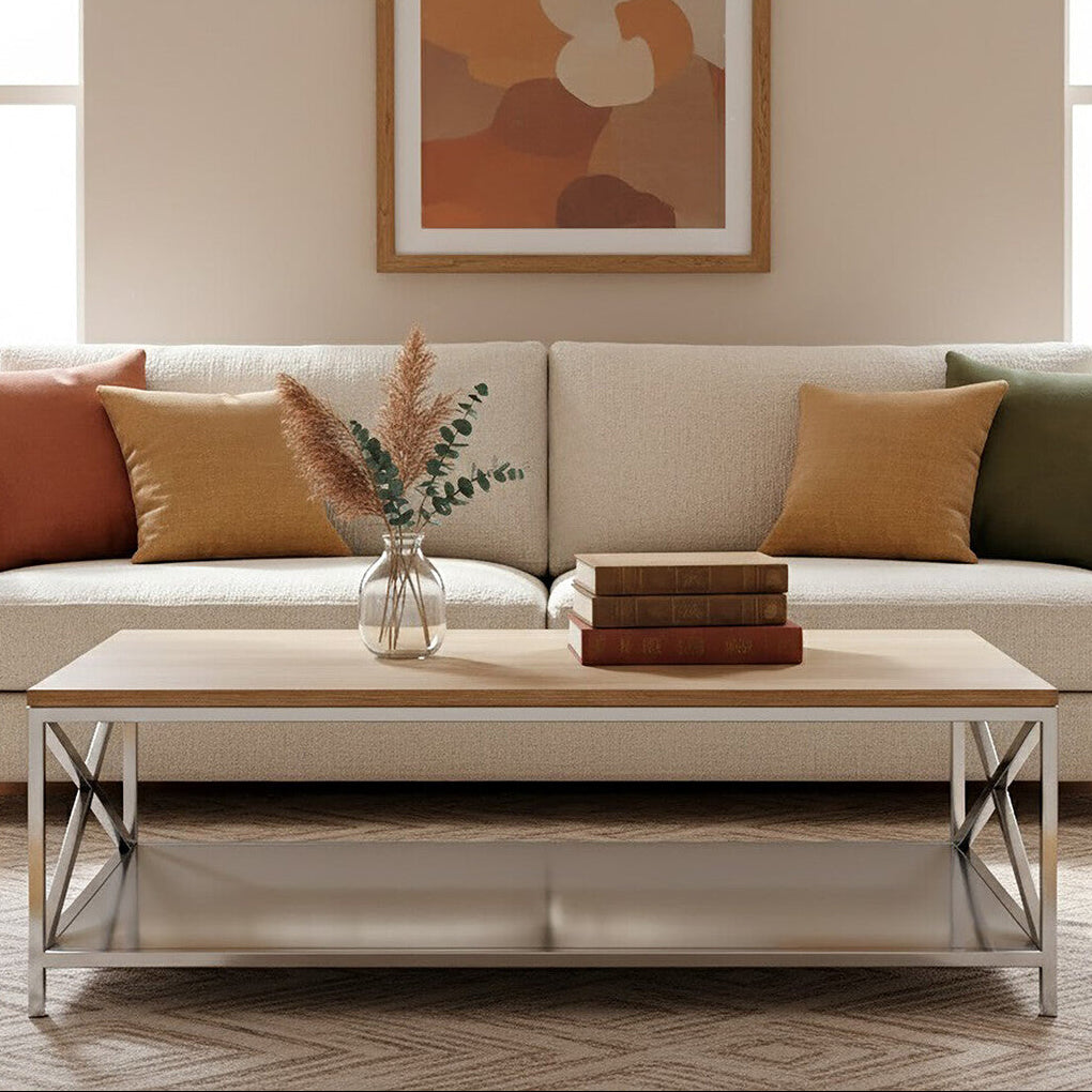 Natural Oak Wood Coffee Table with Lower Mirrored Shelf and Polished Stainless Steel Frame , Chiswick